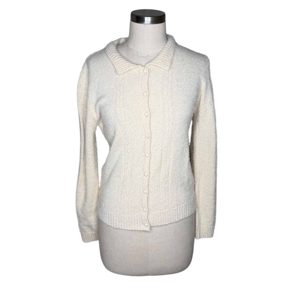 COLLECTIF Vintage Cardigan Cream Cable Knit Fuzzy Retro Women's Size Large